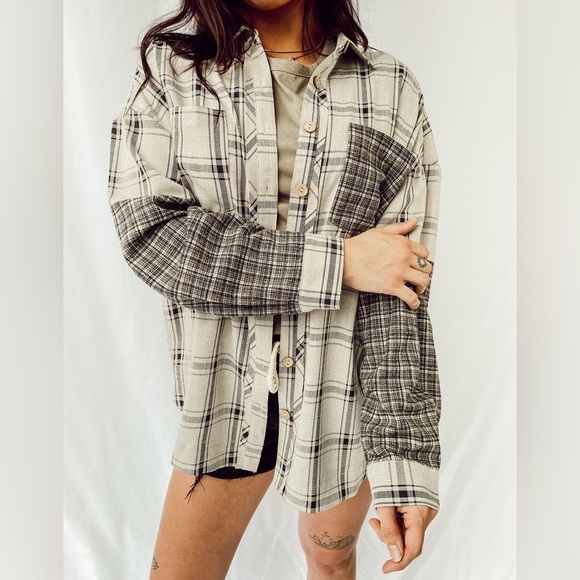 Listicle Tops - Oversized Plaid Neutral Mixed Pattern Button Down Patchwork Shirt